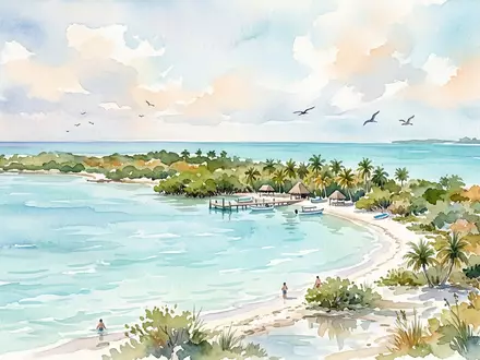 Aquarellillustration des Wahrzeichens Isla Contoy in Isla Contoy Mexiko, weiche Farbverläufe und pastelliges Reiseposter-Feeling - Foto: THN