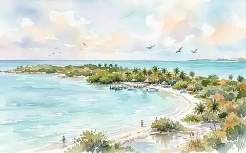 Aquarellillustration des Wahrzeichens Isla Contoy in Isla Contoy Mexiko, weiche Farbverläufe und pastelliges Reiseposter-Feeling - Foto: THN
