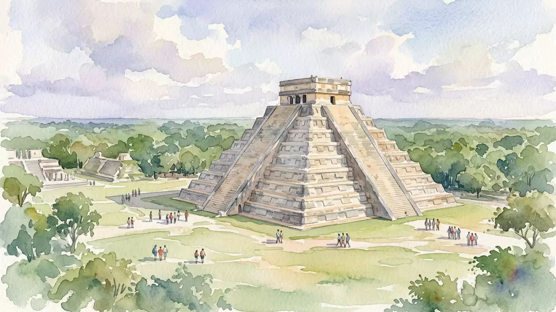 Aquarell-Illustration von El Castillo Chichen Itza in Chichen Itza, Mexiko als Reiseposter
