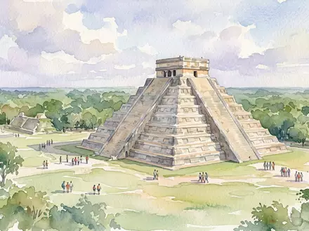 Aquarellillustration des Wahrzeichens El Castillo Chichen Itza in Chichen Itza Mexiko, weiche Farbverläufe und pastelliges - Foto: THN