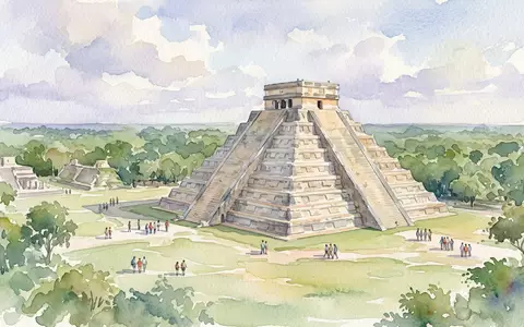 Aquarellillustration des Wahrzeichens El Castillo Chichen Itza in Chichen Itza Mexiko, weiche Farbverläufe und pastelliges - Foto: THN