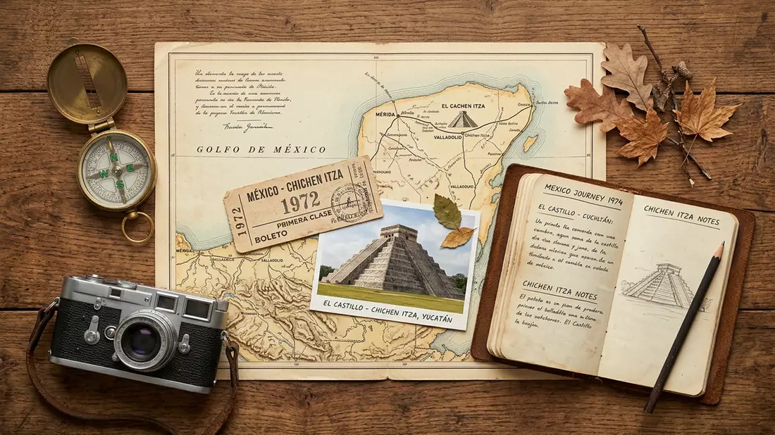 Flatlay-Reise-Arrangement rund um El Castillo Chichen Itza in Chichen Itza, Mexiko