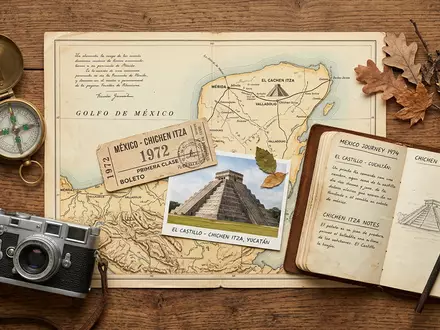 Flatlay-Reise-Arrangement rund um El Castillo Chichen Itza in Chichen Itza Mexiko, Karte Kompass Kamera und - Foto: THN