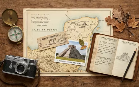 Flatlay-Reise-Arrangement rund um El Castillo Chichen Itza in Chichen Itza Mexiko, Karte Kompass Kamera und - Foto: THN