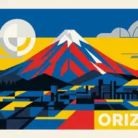 Bauhaus-Poster als geometrische Abstraktion von Pico de Orizaba in Orizaba Mexiko, kraeftige Grundfarben und harte - Foto: THN