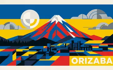Bauhaus-Poster als geometrische Abstraktion von Pico de Orizaba in Orizaba Mexiko, kraeftige Grundfarben und harte - Foto: THN