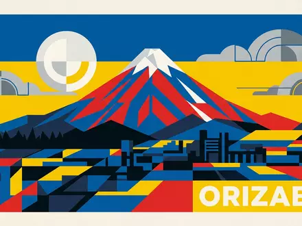 Bauhaus-Poster als geometrische Abstraktion von Pico de Orizaba in Orizaba Mexiko, kraeftige Grundfarben und harte - Foto: THN