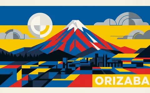 Bauhaus-Poster als geometrische Abstraktion von Pico de Orizaba in Orizaba Mexiko, kraeftige Grundfarben und harte - Foto: THN