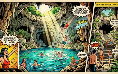 Pop-Art-Comicillustration des Wahrzeichens Cenoten von Valladolid in Valladolid Mexiko, kraeftige Konturen Rasterpunkte und satte Farben - Foto: THN