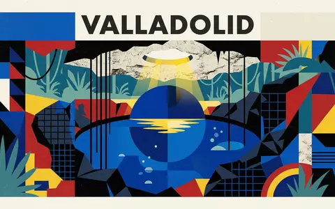 Bauhaus-Poster als geometrische Abstraktion von Cenoten von Valladolid in Valladolid Mexiko, kraeftige Grundfarben und harte - Foto: THN