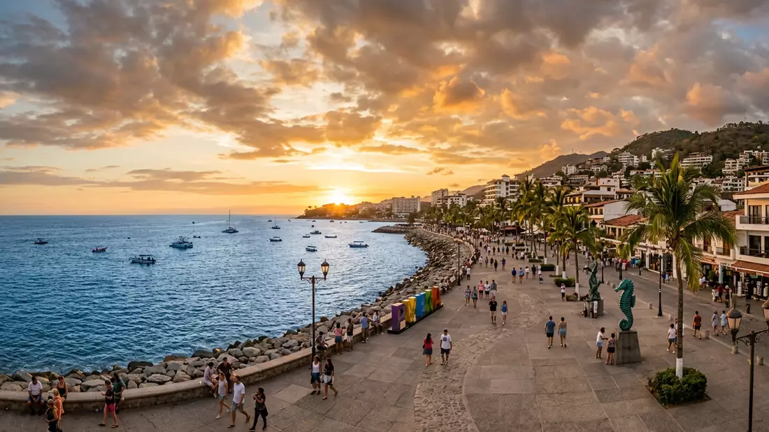 Fotorealistische Ansicht von Malecón Puerto Vallarta in Puerto Vallarta, Mexiko im Abendlicht