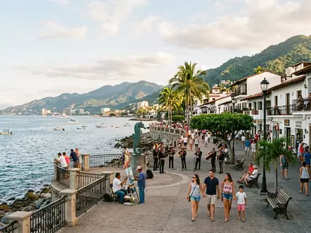 Editorialbild im Reisemagazin-Stil vom Wahrzeichen Malecón Puerto Vallarta in Puerto Vallarta Mexiko, ausgewogene Bildgestaltung und - Foto: THN