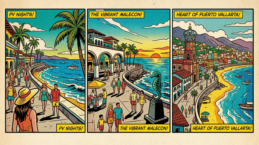 Pop-Art-Comic von Malecón Puerto Vallarta in Puerto Vallarta, Mexiko mit Rasterpunkten