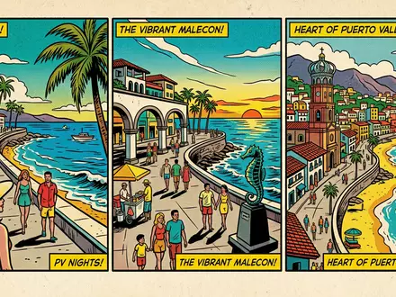 Pop-Art-Comicillustration des Wahrzeichens Malecón Puerto Vallarta in Puerto Vallarta Mexiko, kraeftige Konturen Rasterpunkte und satte - Foto: THN