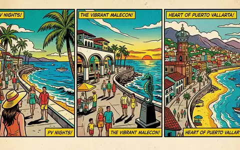 Pop-Art-Comicillustration des Wahrzeichens Malecón Puerto Vallarta in Puerto Vallarta Mexiko, kraeftige Konturen Rasterpunkte und satte - Foto: THN