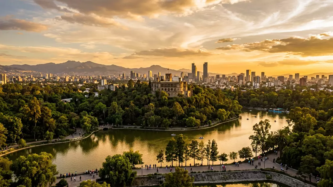 Fotorealistische Ansicht von Chapultepec-Park in Mexiko-Stadt, Mexiko im Abendlicht