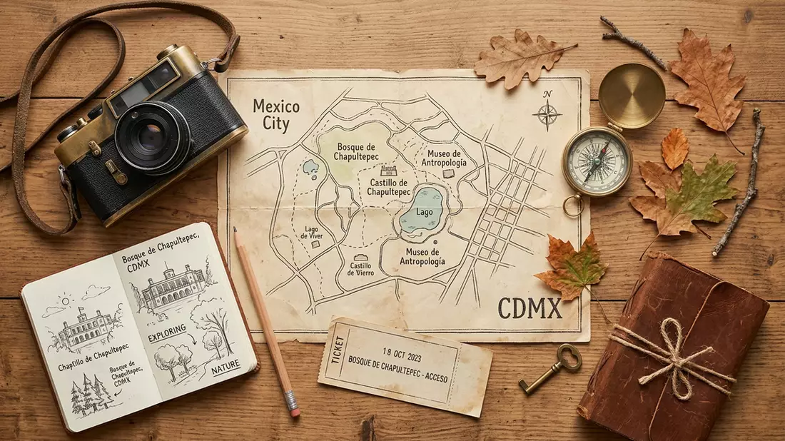 Flatlay-Reise-Arrangement rund um Chapultepec-Park in Mexiko-Stadt, Mexiko