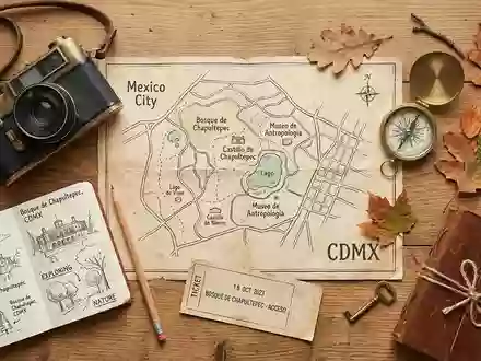 Flatlay-Reise-Arrangement rund um Chapultepec-Park in Mexiko-Stadt Mexiko, Karte Kompass Kamera und generische Reiserequisiten - Foto: THN
