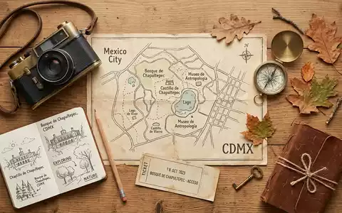 Flatlay-Reise-Arrangement rund um Chapultepec-Park in Mexiko-Stadt Mexiko, Karte Kompass Kamera und generische Reiserequisiten - Foto: THN