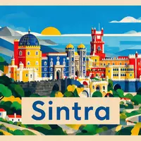 Bauhaus-Poster als geometrische Abstraktion von Schloss Pena Sintra in Sintra Portugal, kraeftige Grundfarben und harte - Foto: THN
