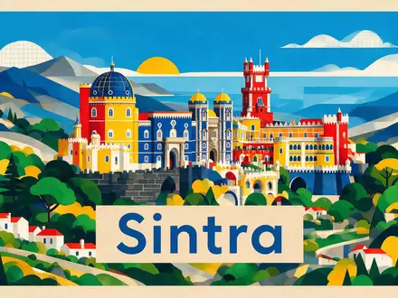 Bauhaus-Poster als geometrische Abstraktion von Schloss Pena Sintra in Sintra Portugal, kraeftige Grundfarben und harte - Foto: THN
