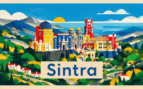 Bauhaus-Poster als geometrische Abstraktion von Schloss Pena Sintra in Sintra Portugal, kraeftige Grundfarben und harte - Foto: THN