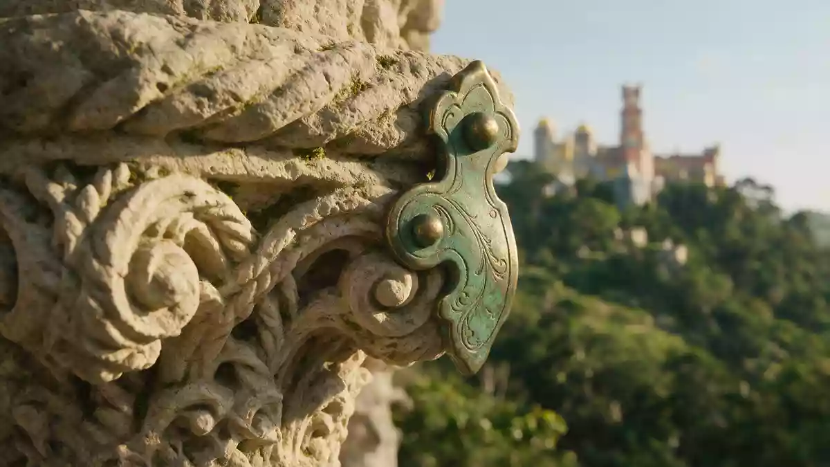 Makroaufnahme eines Materialdetails am Wahrzeichen Schloss Pena Sintra, Sintra Portugal