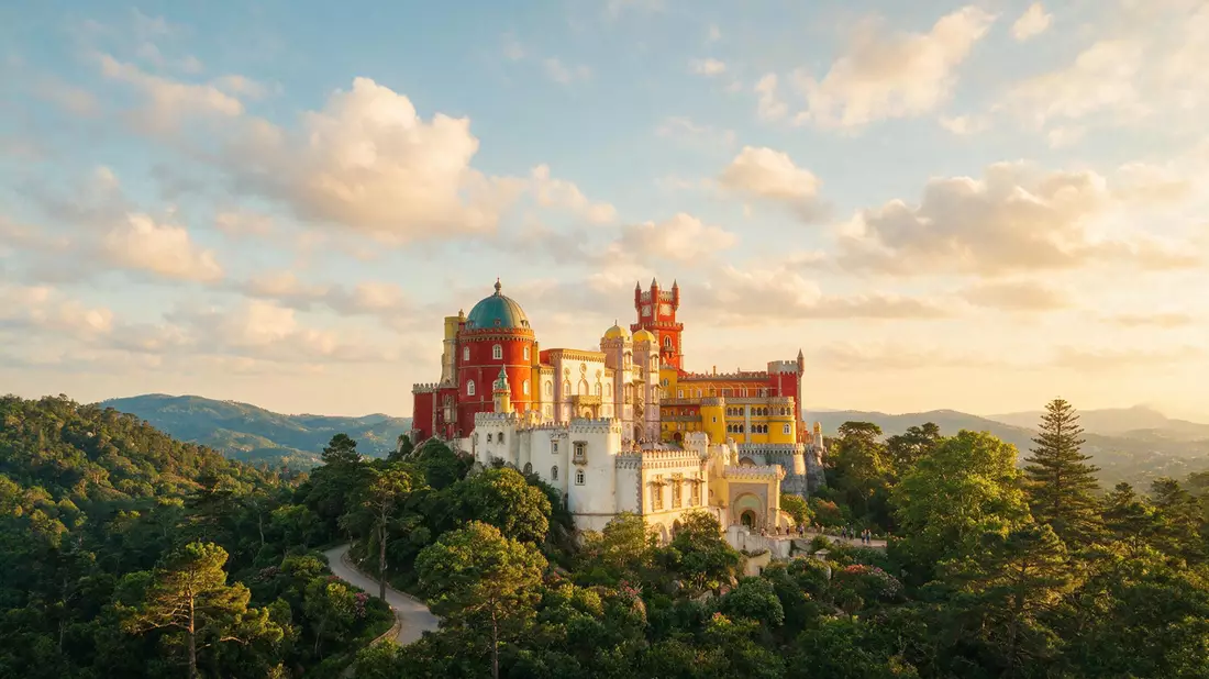 Fotorealistische Ansicht von Schloss Pena Sintra in Sintra, Portugal im Abendlicht