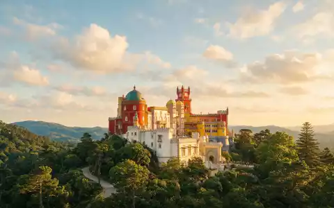 Fotorealistische Panoramaaufnahme von Schloss Pena Sintra in Sintra Portugal, warmes Abendlicht auf Wahrzeichen - Foto: THN