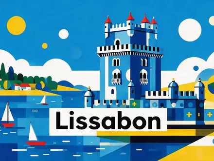 Bauhaus-Poster als geometrische Abstraktion von Turm von Belém in Lissabon Portugal, kraeftige Grundfarben und harte - Foto: THN