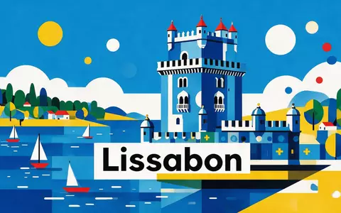 Bauhaus-Poster als geometrische Abstraktion von Turm von Belém in Lissabon Portugal, kraeftige Grundfarben und harte - Foto: THN