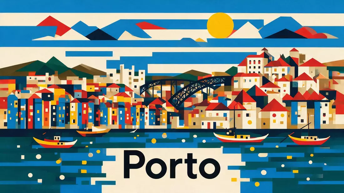 Bauhaus-Poster als Abstraktion von Ribeira Porto in Porto, Portugal