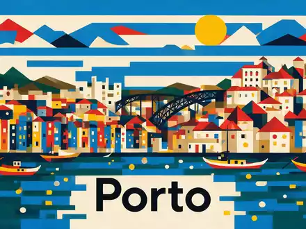 Bauhaus-Poster als geometrische Abstraktion von Ribeira Porto in Porto Portugal, kraeftige Grundfarben und harte Formkanten - Foto: THN