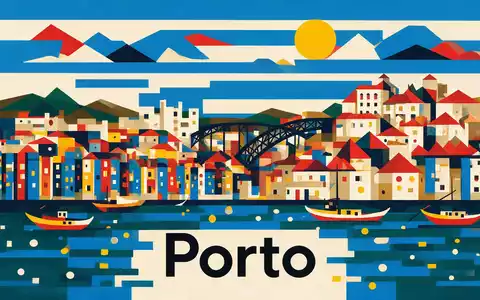 Bauhaus-Poster als geometrische Abstraktion von Ribeira Porto in Porto Portugal, kraeftige Grundfarben und harte Formkanten - Foto: THN
