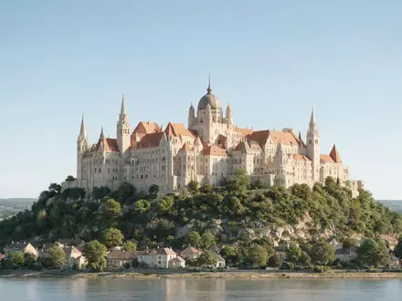 Moderner Architektur-Render zeigt Silhouette von Burgpalast Budapest in Budapest Ungarn, klare Linien und neutrales Tageslicht - Foto: THN