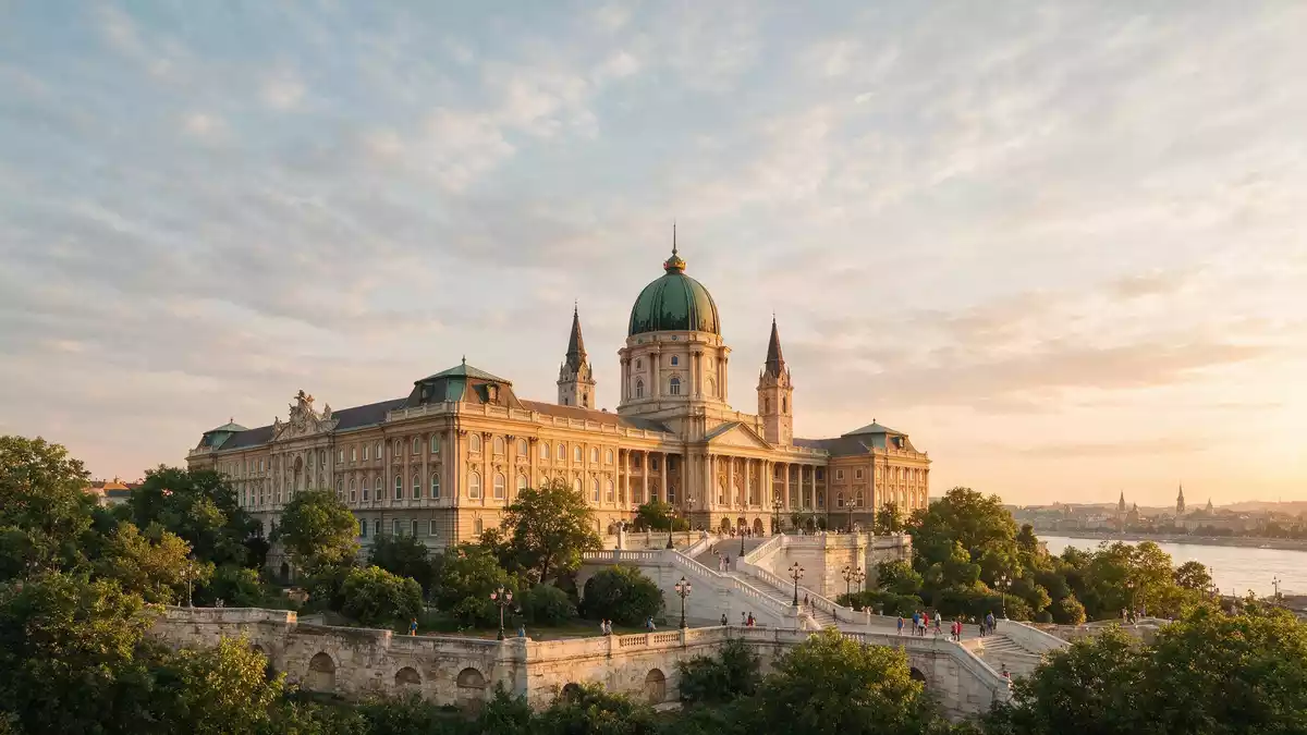 Fotorealistische Ansicht von Burgpalast Budapest in Budapest, Ungarn im Abendlicht