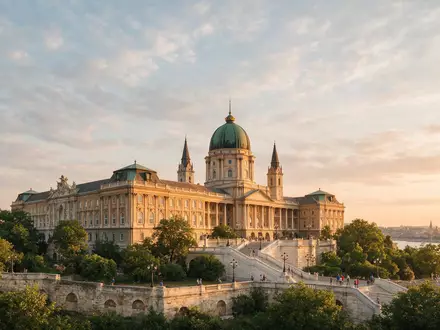 Fotorealistische Panoramaaufnahme von Burgpalast Budapest in Budapest Ungarn, warmes Abendlicht auf Wahrzeichen - Foto: THN