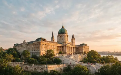 Fotorealistische Panoramaaufnahme von Burgpalast Budapest in Budapest Ungarn, warmes Abendlicht auf Wahrzeichen - Foto: THN