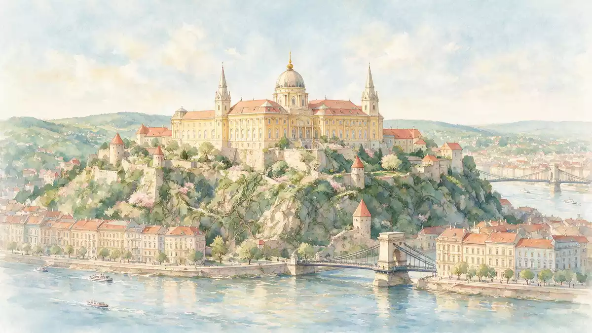 Aquarell-Illustration von Burgpalast Budapest in Budapest, Ungarn als Reiseposter