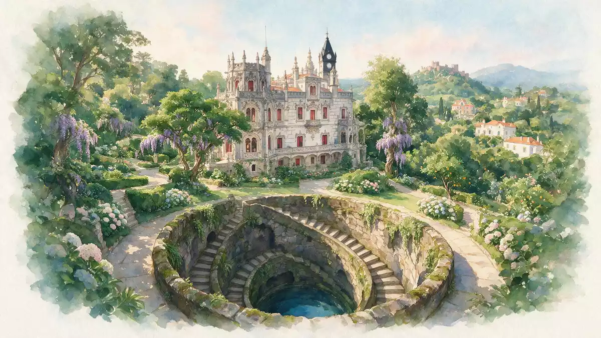 Aquarell-Illustration von Quinta da Regaleira Sintra in Sintra, Portugal als Reiseposter