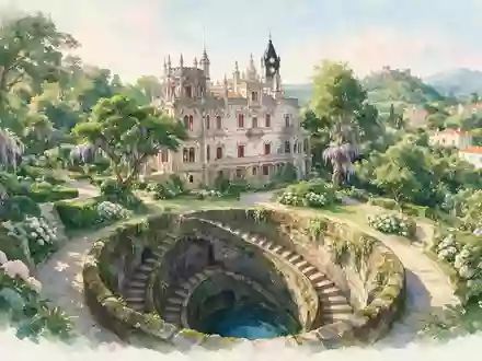 Aquarellillustration des Wahrzeichens Quinta da Regaleira Sintra in Sintra Portugal, weiche Farbverläufe und pastelliges Reiseposter-Feeling - Foto: THN