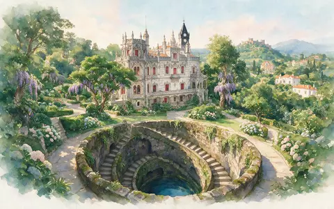 Aquarellillustration des Wahrzeichens Quinta da Regaleira Sintra in Sintra Portugal, weiche Farbverläufe und pastelliges Reiseposter-Feeling - Foto: THN