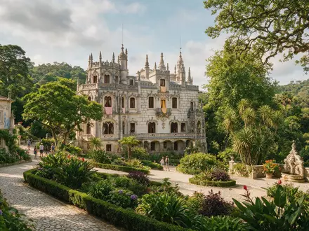 Editorialbild im Reisemagazin-Stil vom Wahrzeichen Quinta da Regaleira Sintra in Sintra Portugal, ausgewogene Bildgestaltung und - Foto: THN