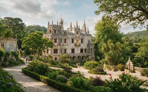 Editorialbild im Reisemagazin-Stil vom Wahrzeichen Quinta da Regaleira Sintra in Sintra Portugal, ausgewogene Bildgestaltung und - Foto: THN