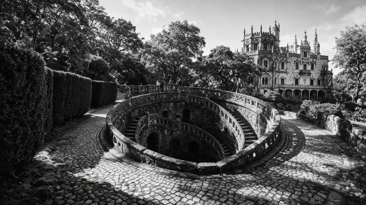 Schwarzweiss-Reportage vom Wahrzeichen Quinta da Regaleira Sintra in Sintra, Portugal