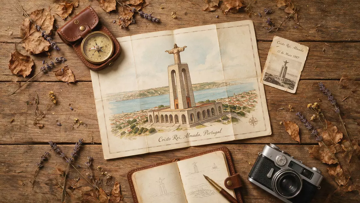 Flatlay-Reise-Arrangement rund um Cristo Rei Almada in Almada, Portugal