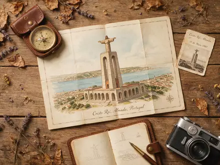 Flatlay-Reise-Arrangement rund um Cristo Rei Almada in Almada Portugal, Karte Kompass Kamera und generische Reiserequisiten - Foto: THN