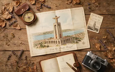 Flatlay-Reise-Arrangement rund um Cristo Rei Almada in Almada Portugal, Karte Kompass Kamera und generische Reiserequisiten - Foto: THN