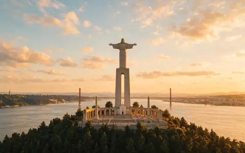 Fotorealistische Panoramaaufnahme von Cristo Rei Almada in Almada Portugal, warmes Abendlicht auf Wahrzeichen - Foto: THN