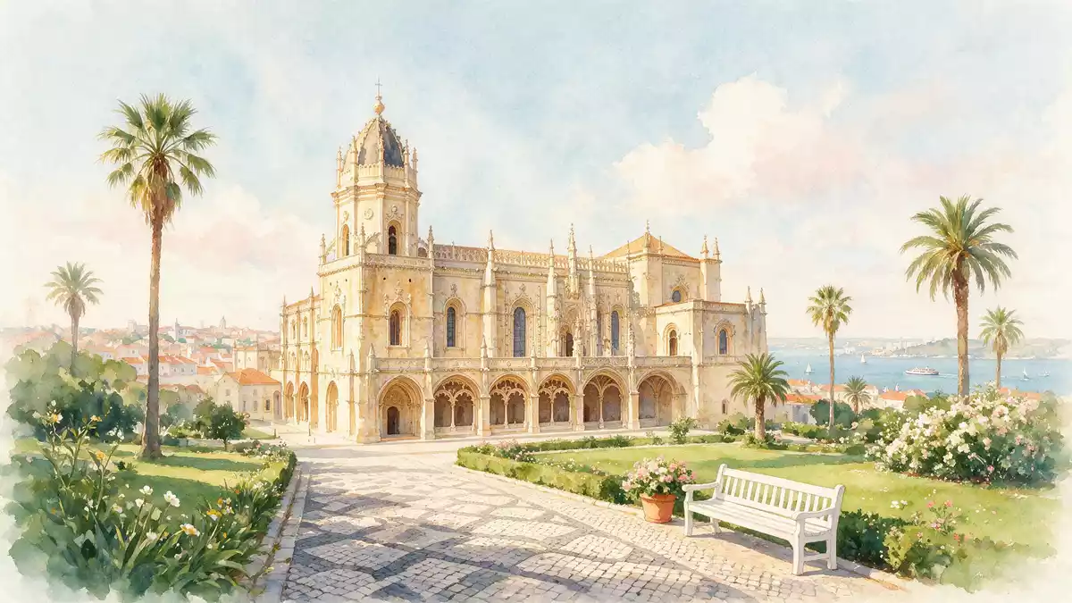 Aquarell-Illustration von Hieronymus-Kloster Lissabon in Lissabon, Portugal als Reiseposter